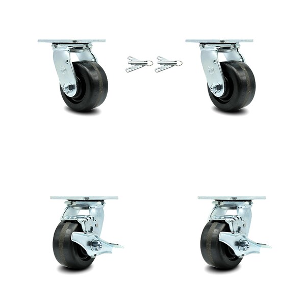 4 Inch Phenolic Caster Set with Roller Bearings 2 Swivel Lock 2 Brake SCC
